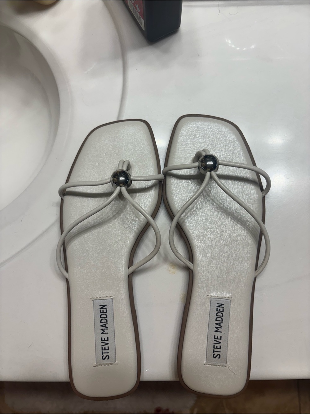 Steve Madden Cream Loop-Strap Square-Toe Sandals with Silver Accent